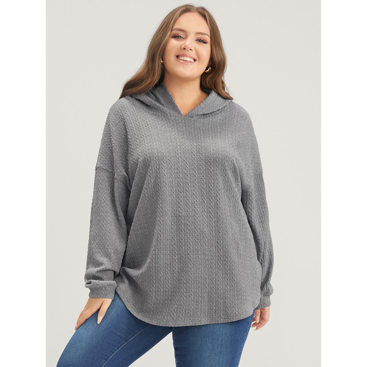 Plus Size Solid Drop Shoulder Textured Hooded Sweatshirt Women DarkGray Casual Plain Hooded Dailywear Sweatshirts BloomChic 22-24/3X Product Image