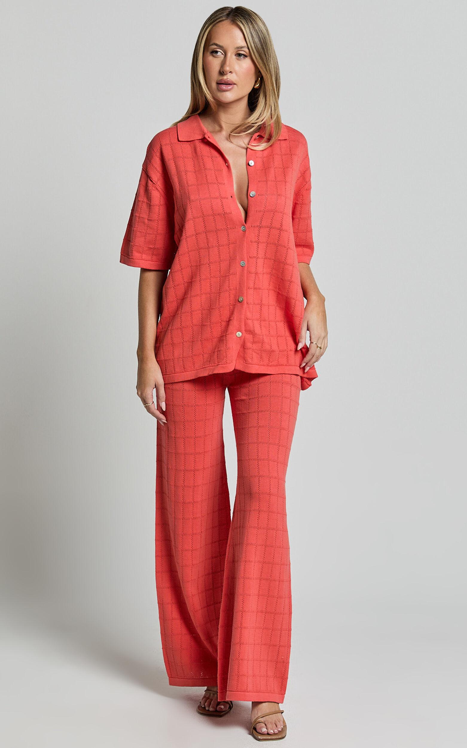 Tommy Two Piece Set - Knit Button Through Top and Pants Two Piece Set in Coral Product Image