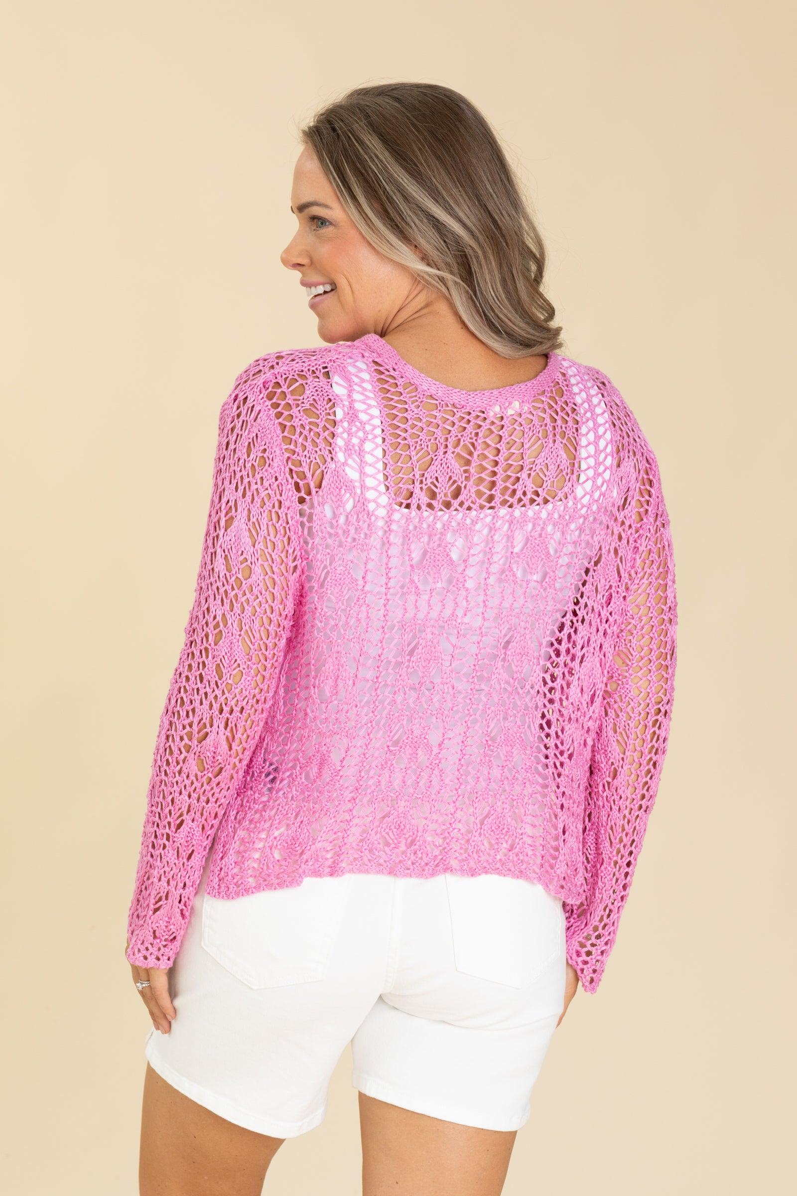 Pink Soft Loose Crochet Boho Knit Top Product Image