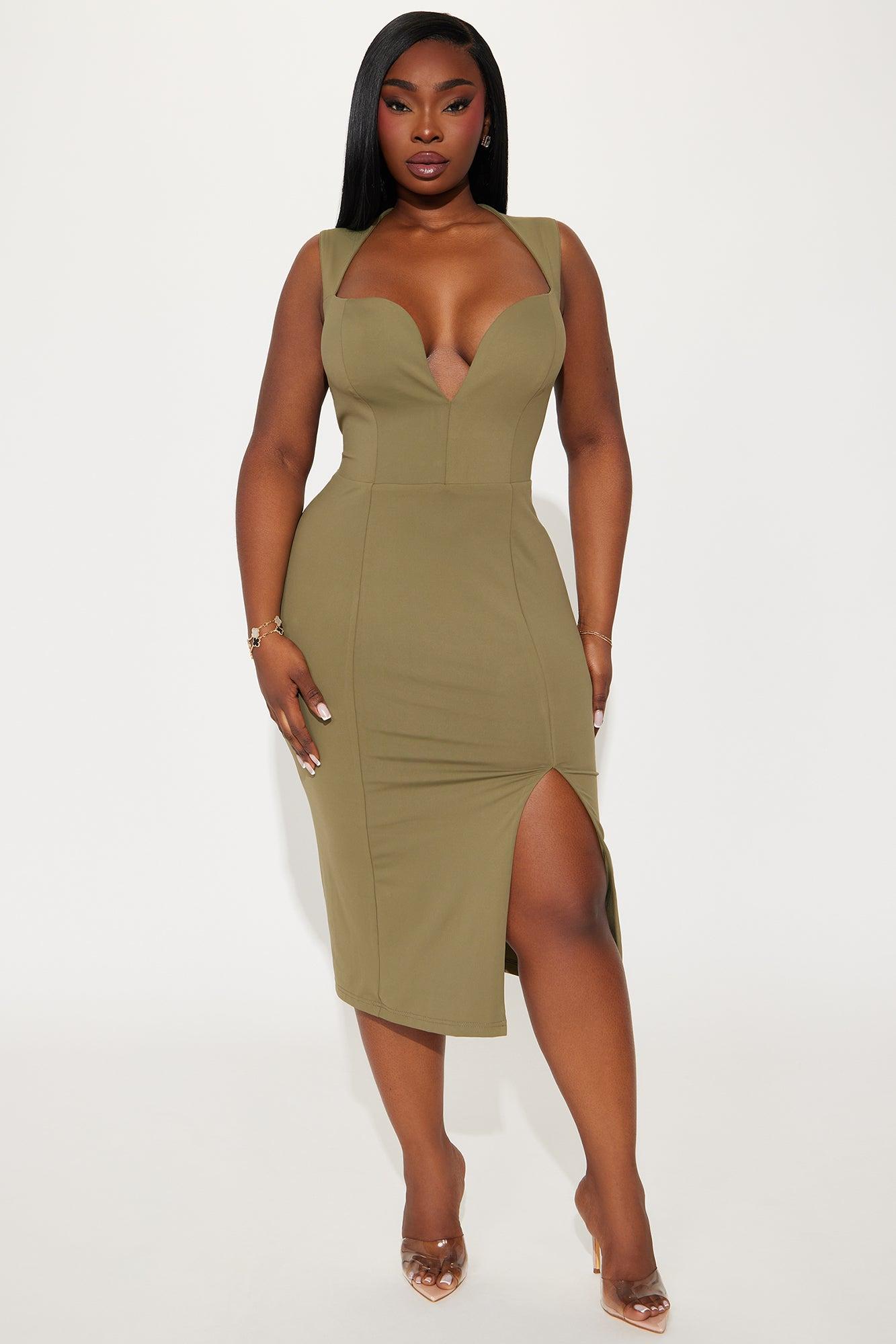 Amma Sculpt VNeck Midi Dress - Olive Product Image