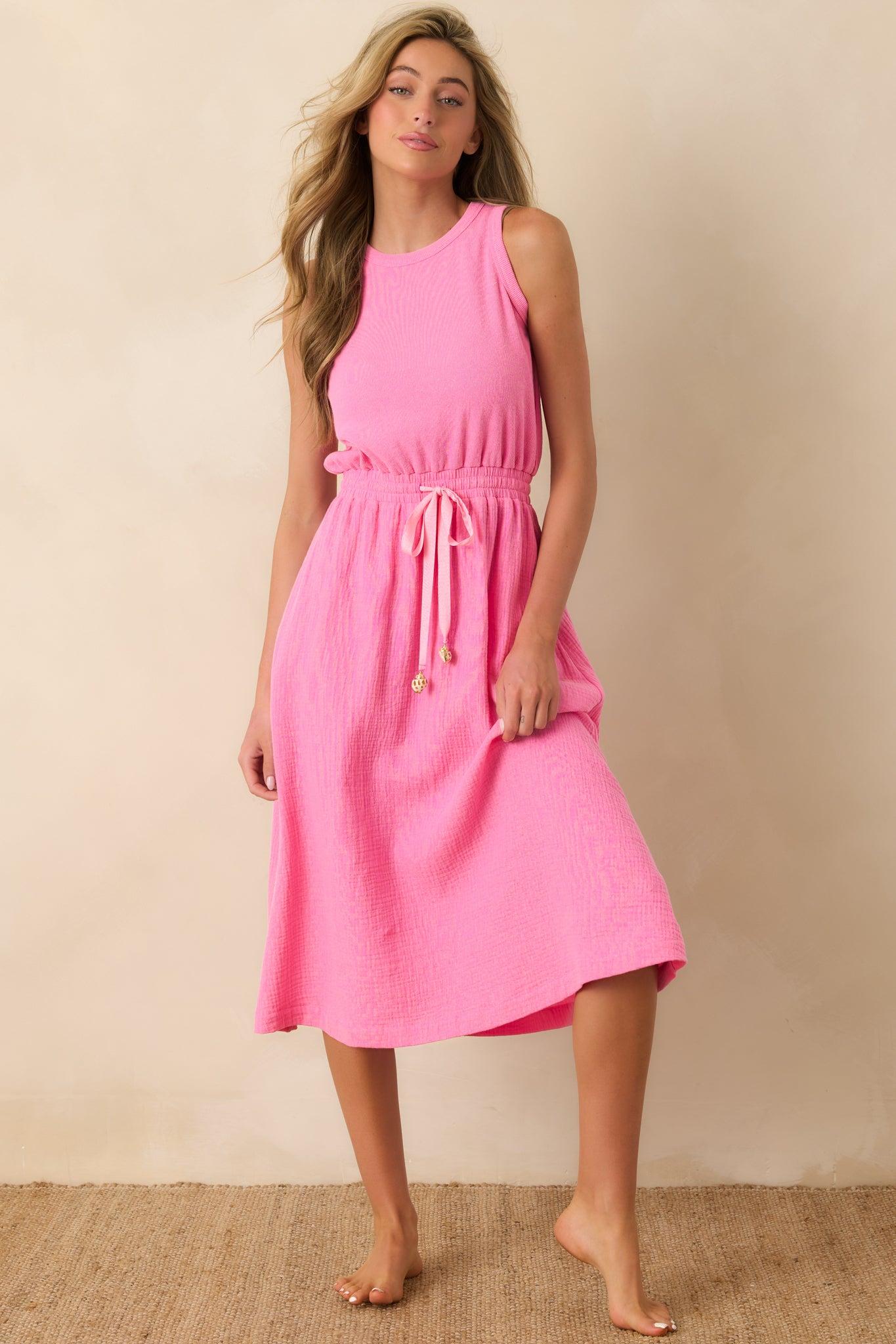 Paradisa Bonita Pink Cotton Sleeveless Midi Dress Product Image