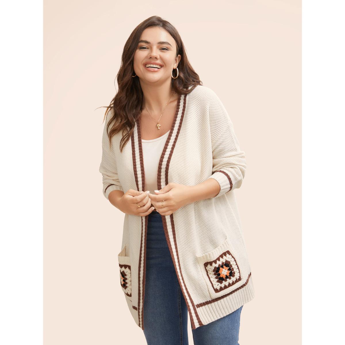 Plus Size Crochet Floral Patch Pocket Drop Shoulder Cardigan Beige Women Casual Loose Long Sleeve Everyday Cardigans BloomChic 14-16/1X Product Image