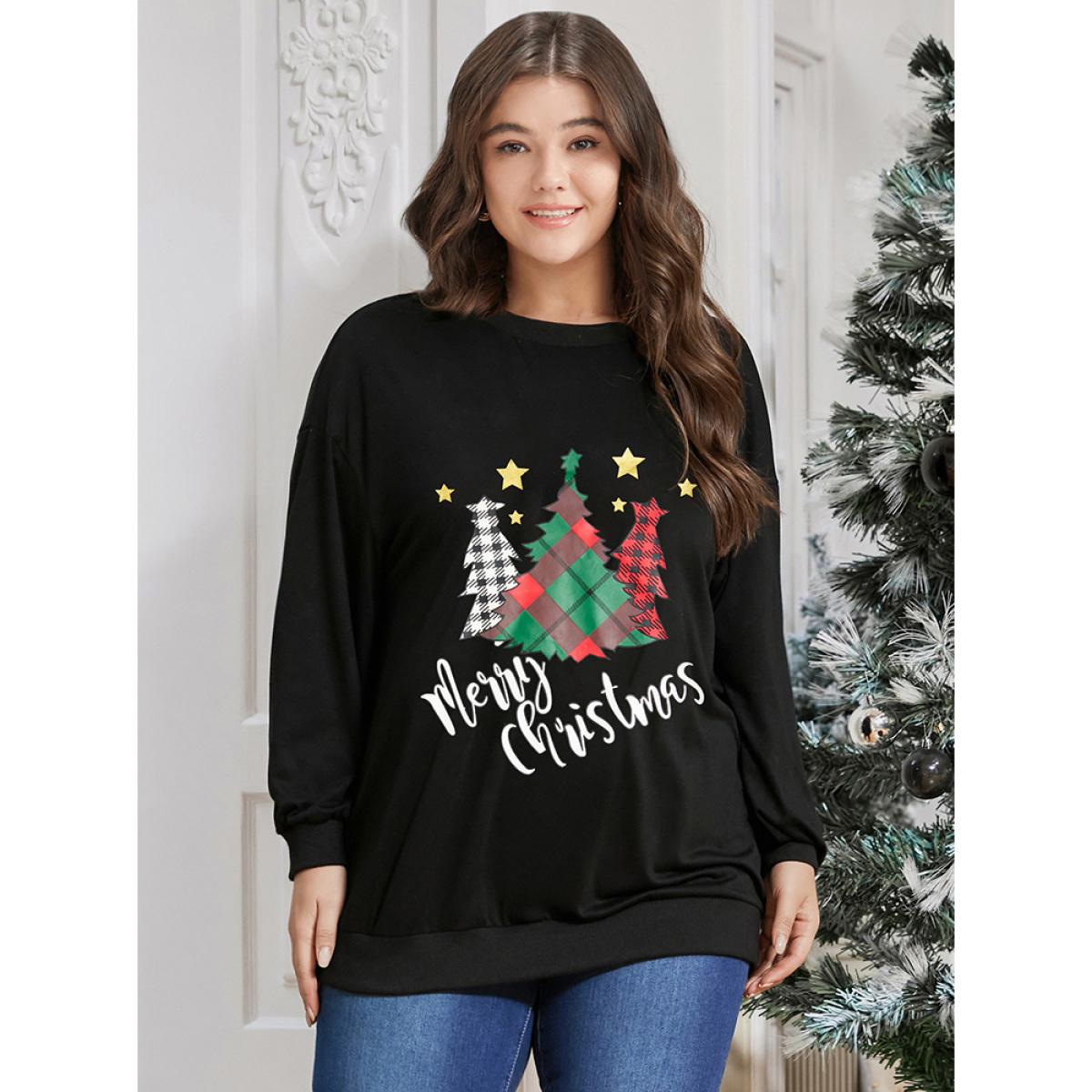 Plus Size Tree & Letter Print Drop Shoulder Sweatshirt Women Black Casual Printed Dailywear Sweatshirts BloomChic 28/5X Product Image