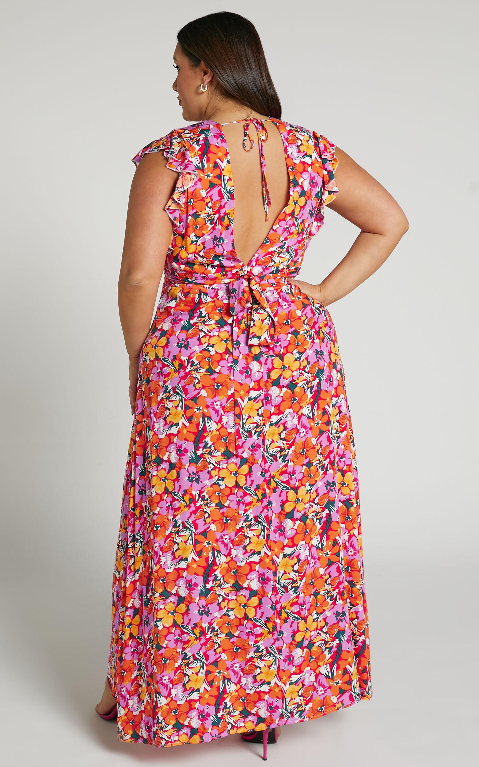 Dyliah Maxi Dress - Thigh Split Frill Shoulder Plunge Neck Dress in Spring Floral Product Image
