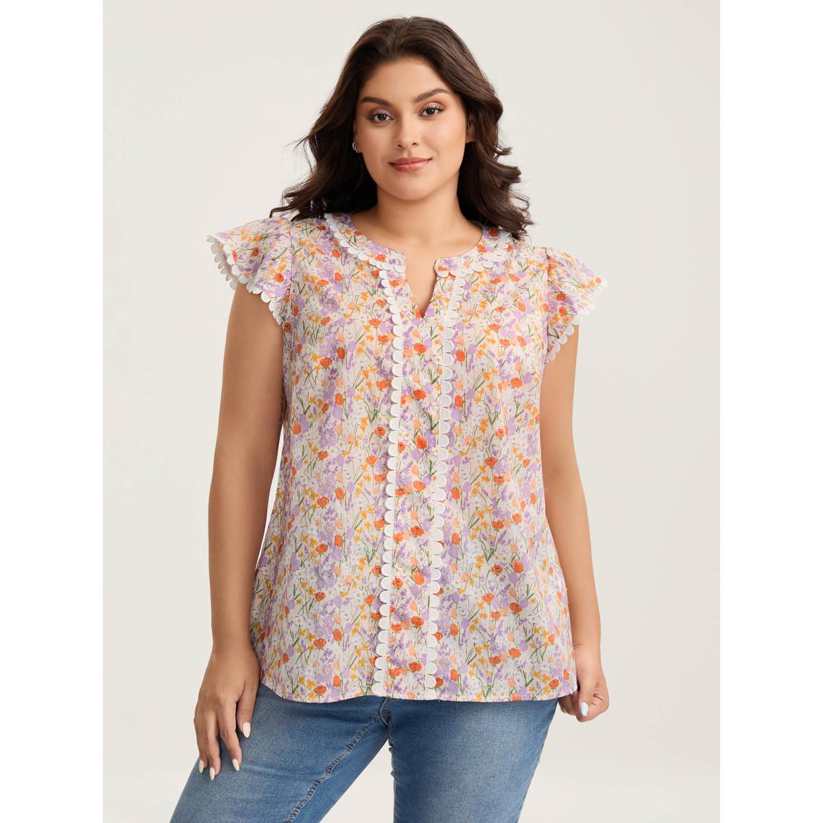 Plus Size Multicolor Cotton Floral Print Lace Trim Notched Blouse Women Cap Sleeve Notched collar Everyday-Casual Blouses BloomChic 10/M Product Image
