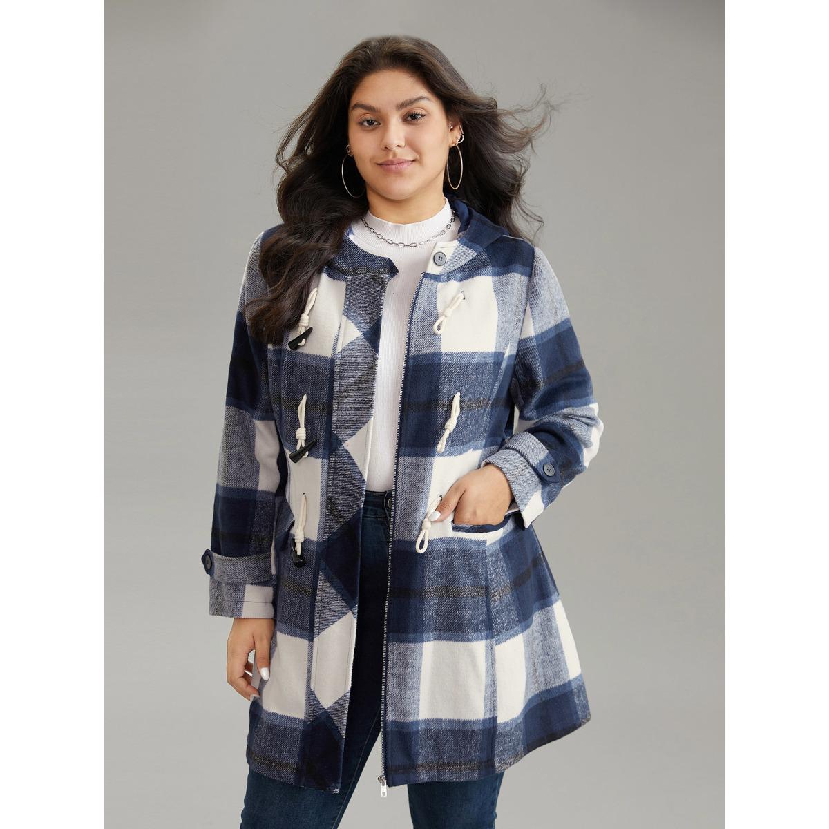 Plus Size Plaid Hooded Duffle Button Zipper Coat Women Indigo Casual Lined Ladies Dailywear Winter Coats BloomChic 26/4X Product Image