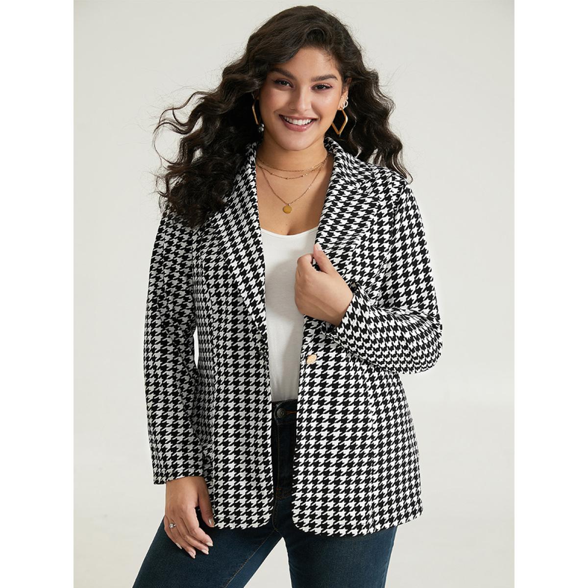 Plus Size Houndstooth Button Up Suit Collar Blazer Black Women Dailywear Houndstooth Contrast Sleeve Long Sleeve Suit Collar 28/5X Casual Blazers BloomChic Product Image