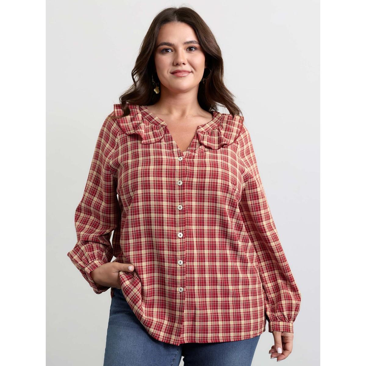 Plus Size Scarlet Gingham Print Ruffled Neck Button Blouse Women Leisure Long Sleeve Notched collar Casual Blouses BloomChic 22-24/3X Product Image