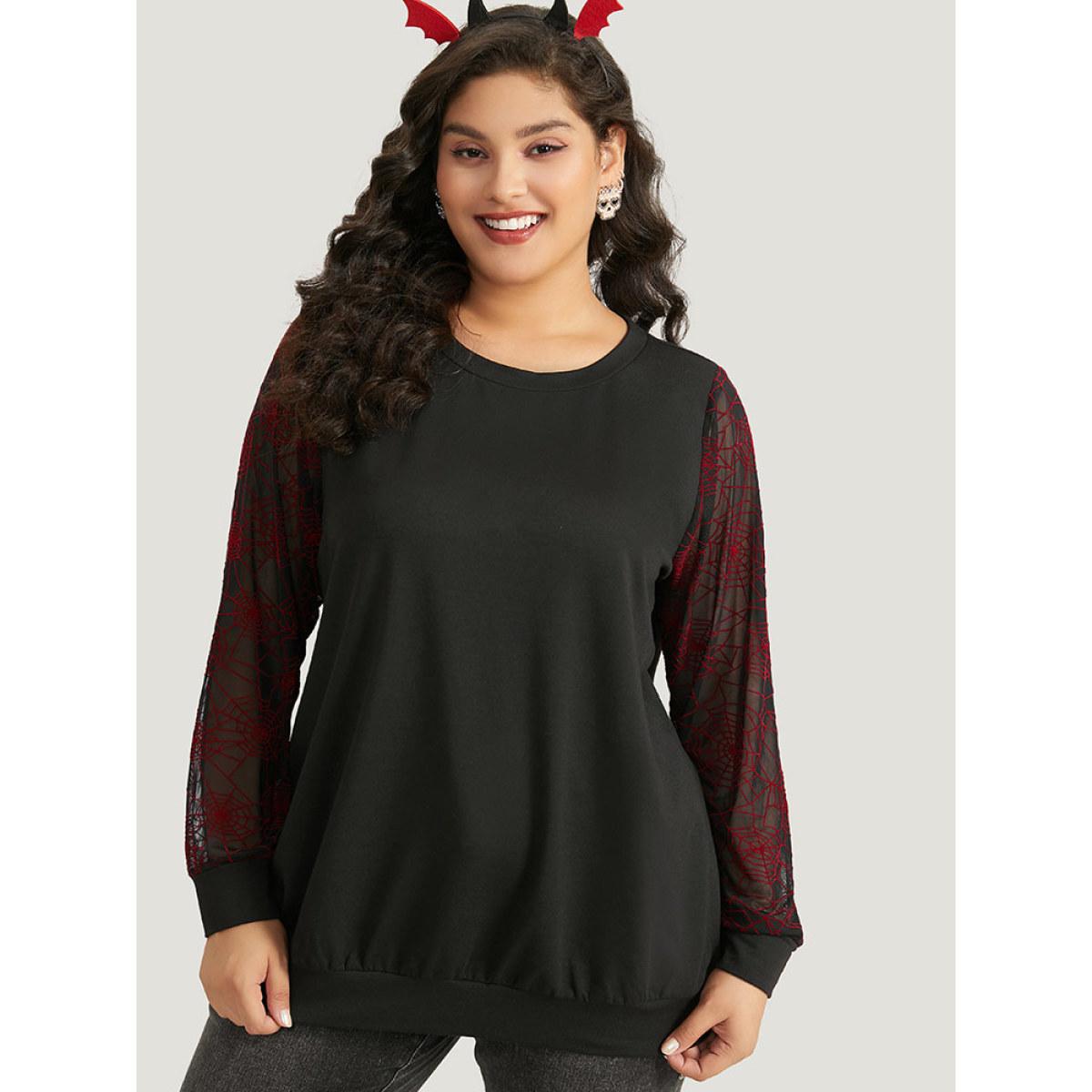 Plus Size Halloween Spider Web Mesh Patchwork Round Neck Sweatshirt Women Black Elegant Elastic cuffs Round Neck Festival-Halloween Sweatshirts BloomChic 26/4X Product Image