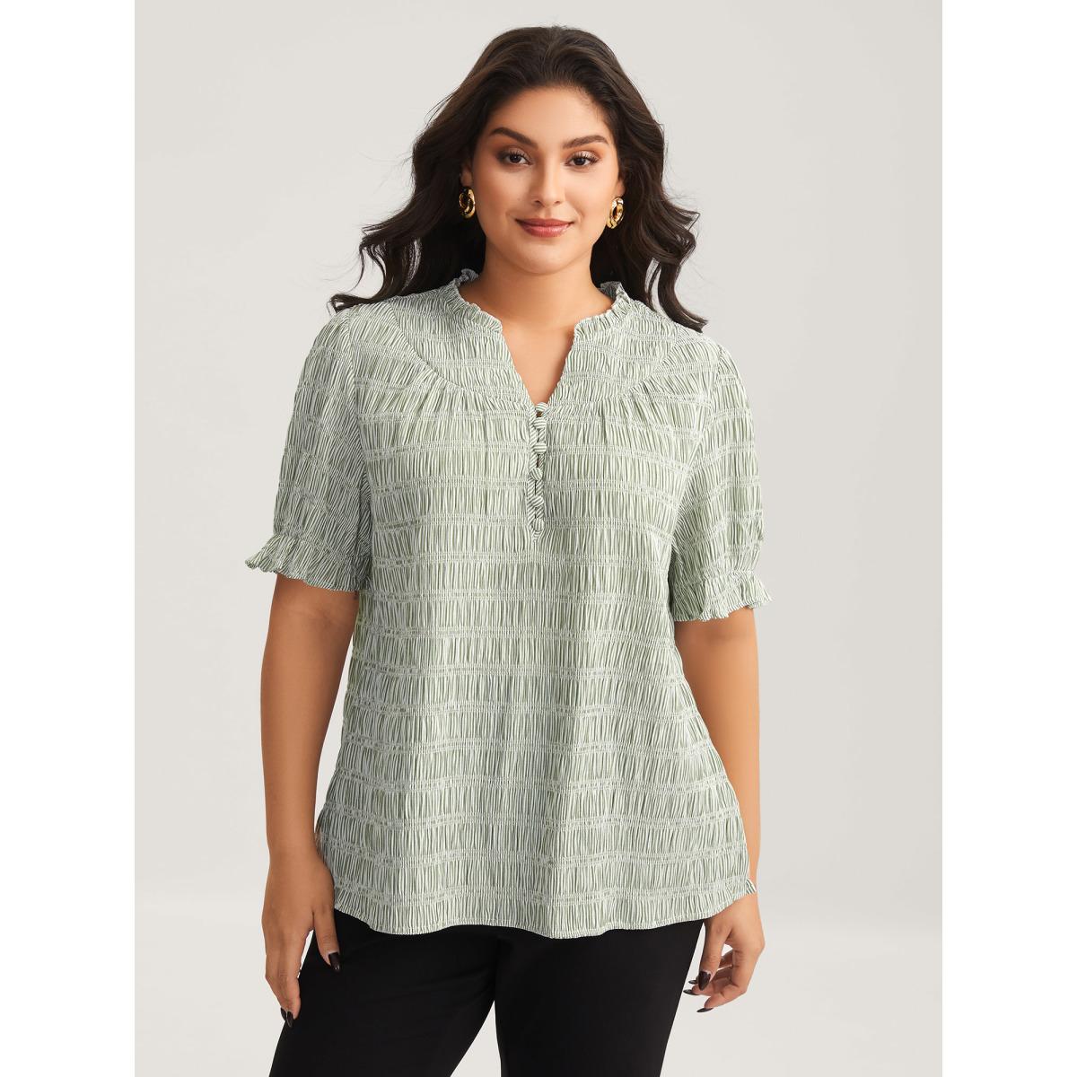 Plus Size Greenbean Cotton Half-Open Striped Solid Blouse Women Office Short sleeve Flat collar with V-notch Office Blouses BloomChic 22-24/3X Product Image