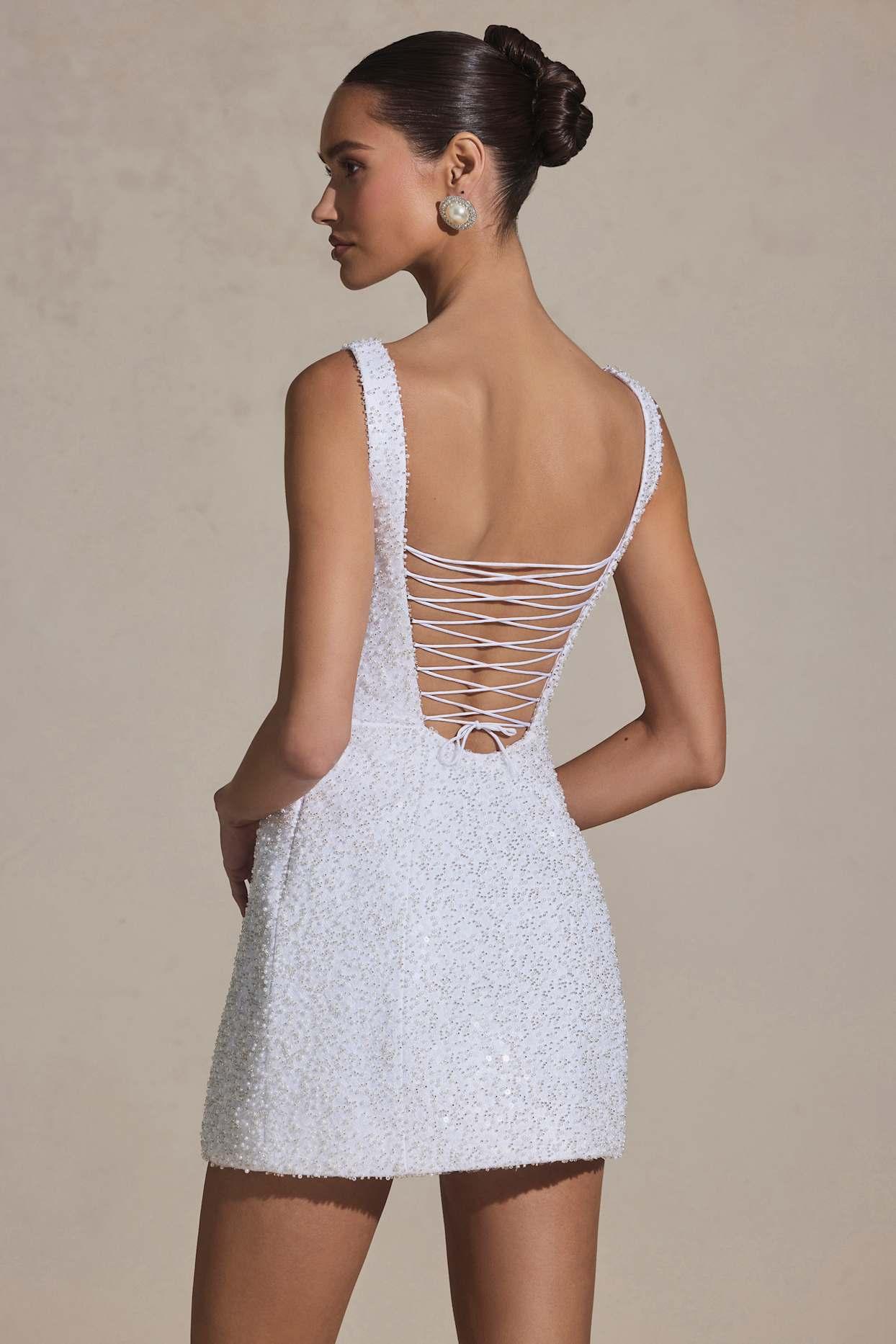 Embellished Structured A-Line Mini Dress in White Product Image
