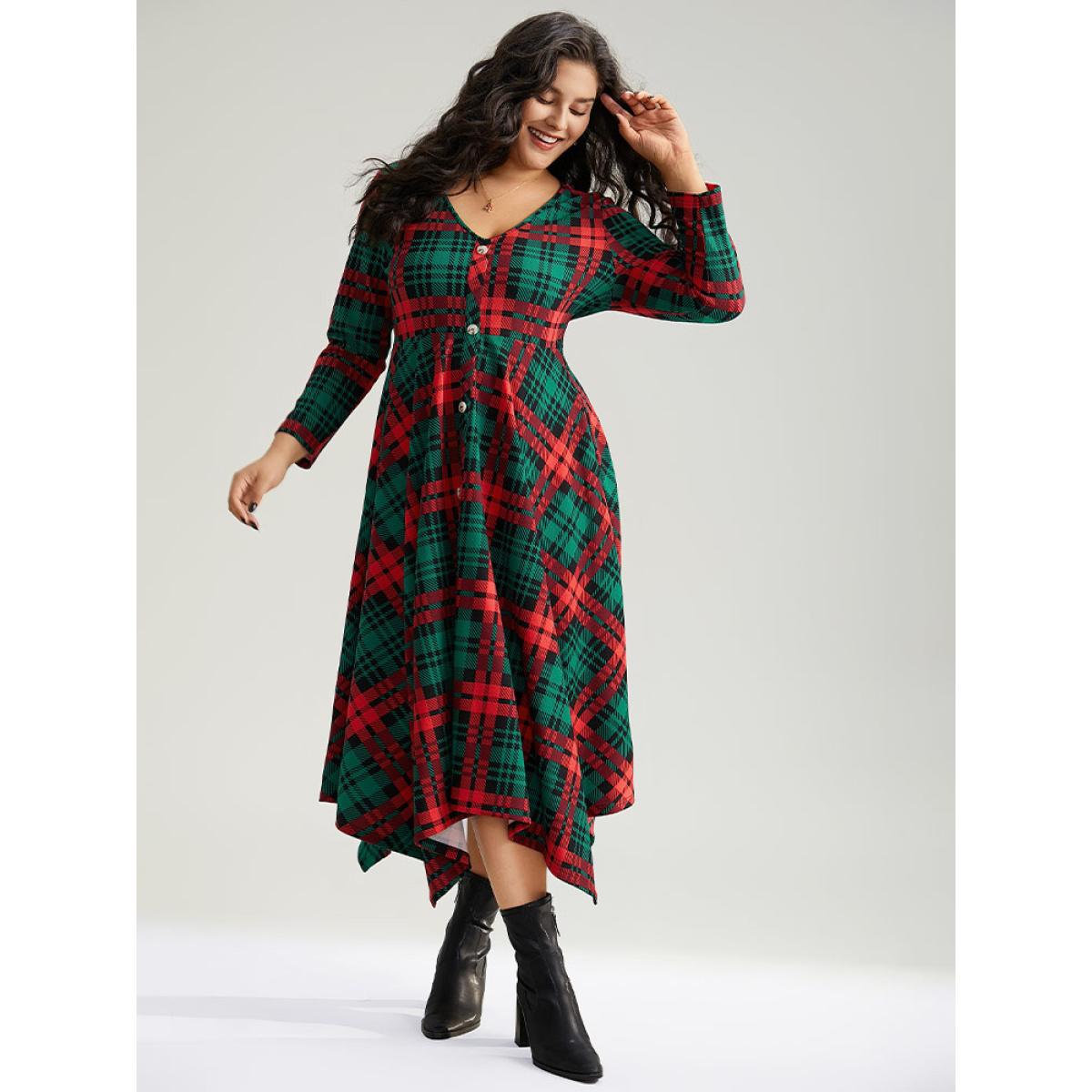 Plus Size Christmas Plaid Button Detail Hanky Hem Dress DarkGreen Women Casual Printed V-neck Long Sleeve Curvy Midi Dress BloomChic 10/M Product Image