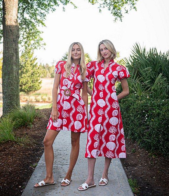 SAIL to SABLE Sea Stripe Print Mandarin Collar Short Puff Sleeve Belted Shirt Dress Product Image