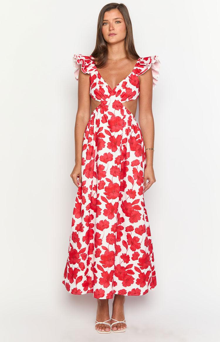 Kaden Red Anemone Floral Print Maxi Dress Product Image