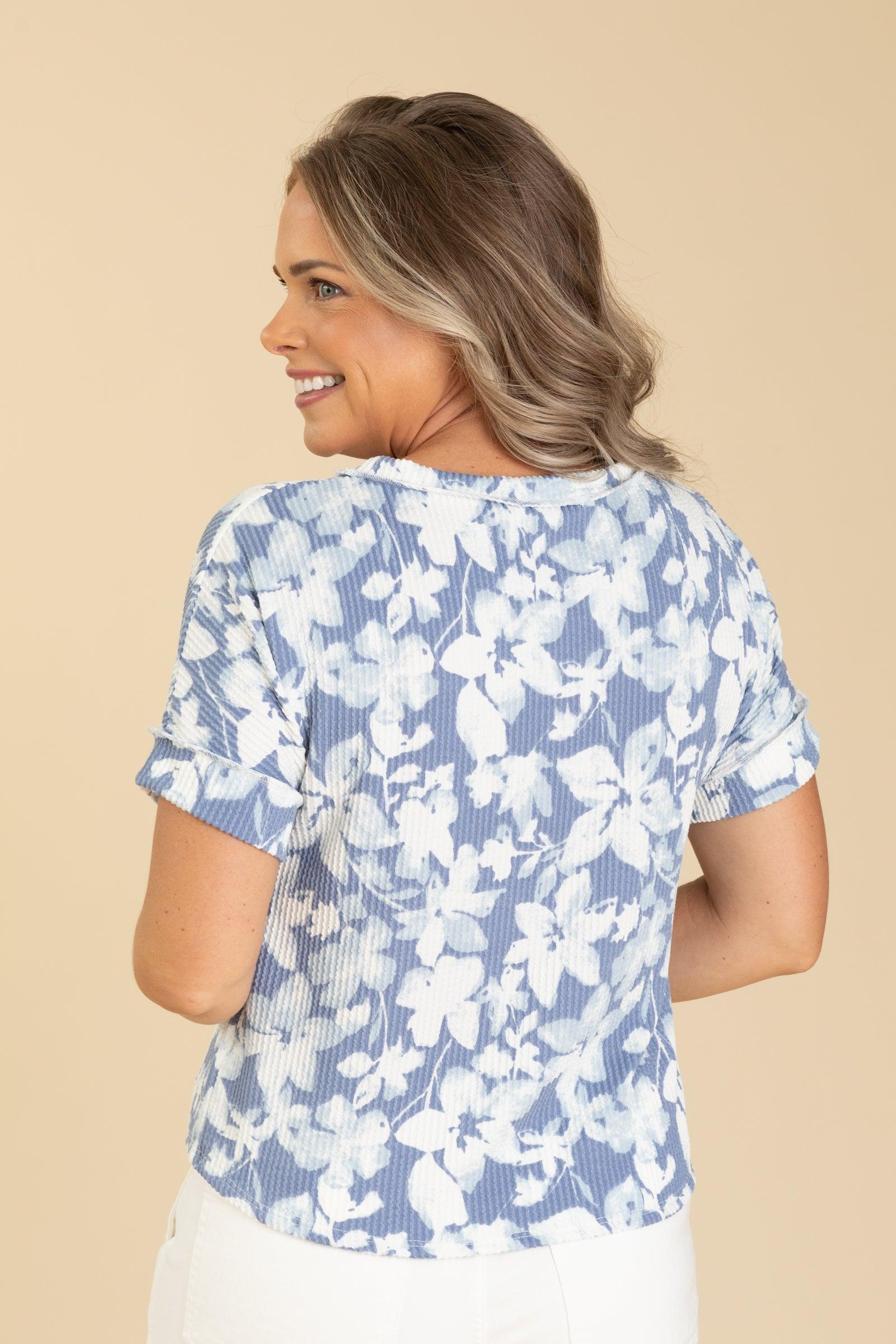 Blue Floral Ribbed Knit Top Product Image