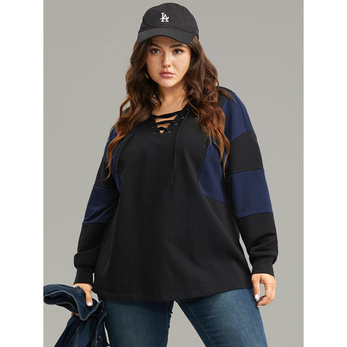 Plus Size Cotton Colorblock Contrast Lace Up Sweatshirt Women Blue Casual Elastic cuffs V-neck Dailywear Sweatshirts BloomChic 10/M Product Image
