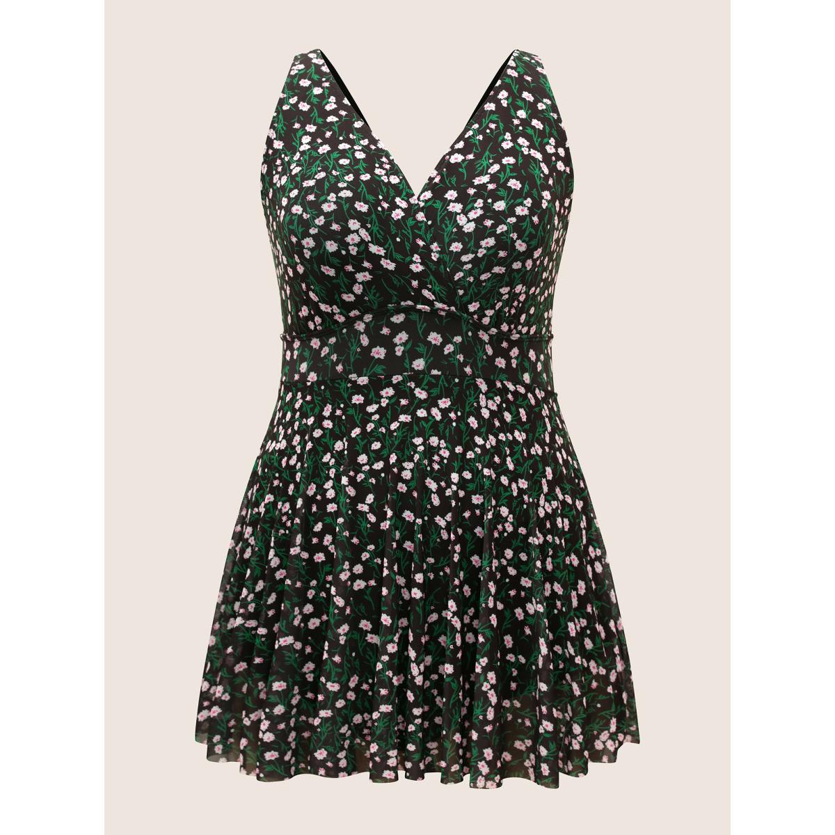 Plus Size Ditsy Floral See Through Gathered Swim Dress Women's Swimwear Black Beach Bodycon Overlap Collar High stretch Curve Swim Dresses BloomChic 10/M Product Image