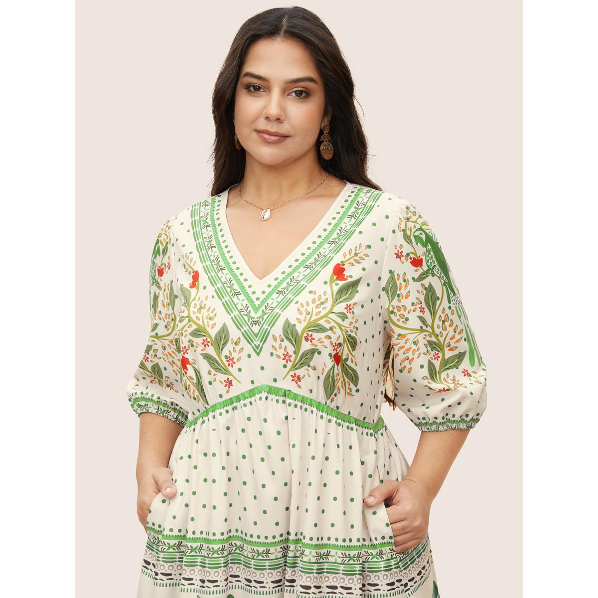 Plus Size V Neck Floral Print Elastic Waist Lantern Sleeve Dress Truegreen Women Resort Gathered V-neck Sleeveless Curvy Midi Dress BloomChic 14-16/1X Product Image