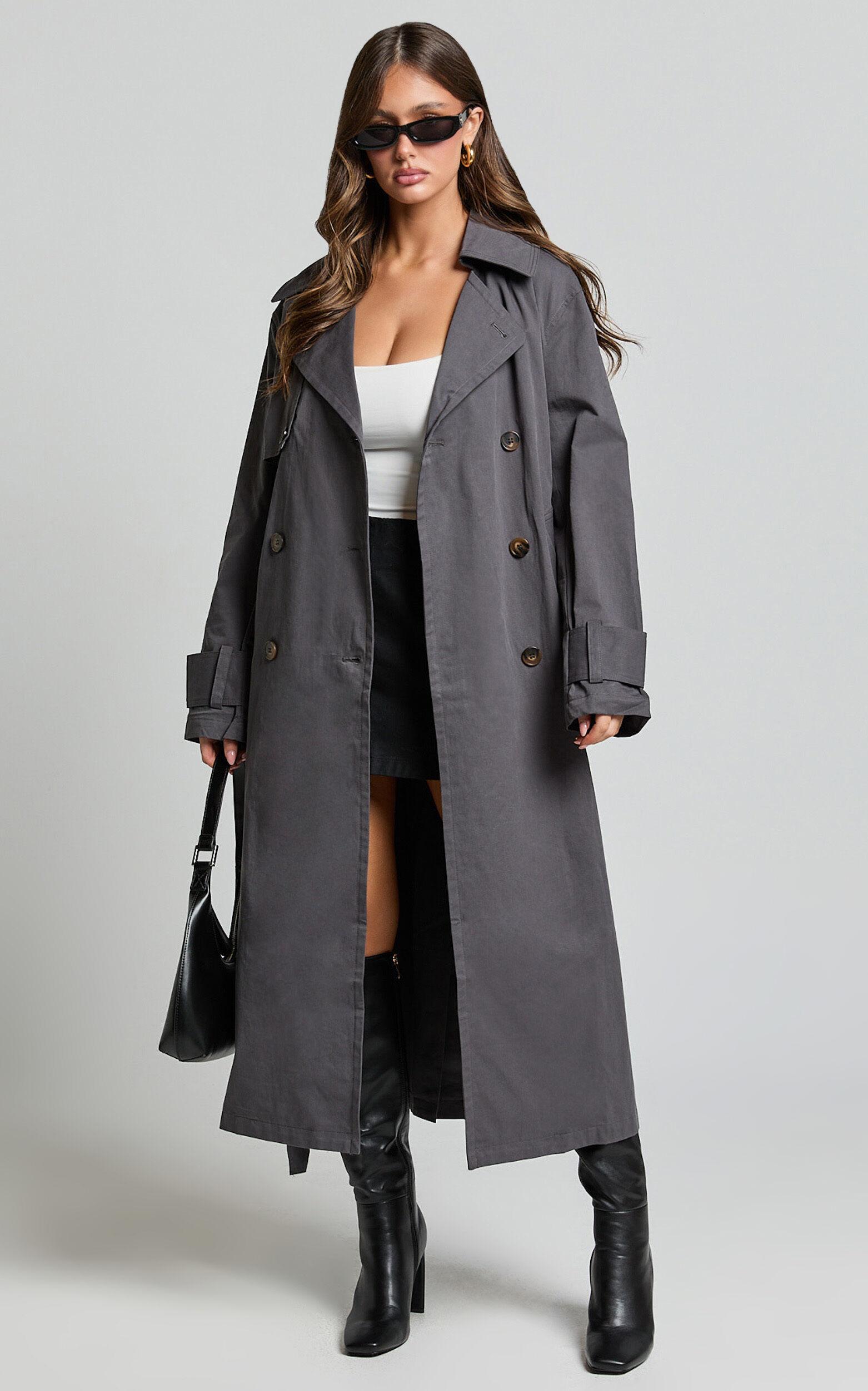 Avah Trench Coat - Double Breasted Tie Waist Coat in Charcoal Product Image