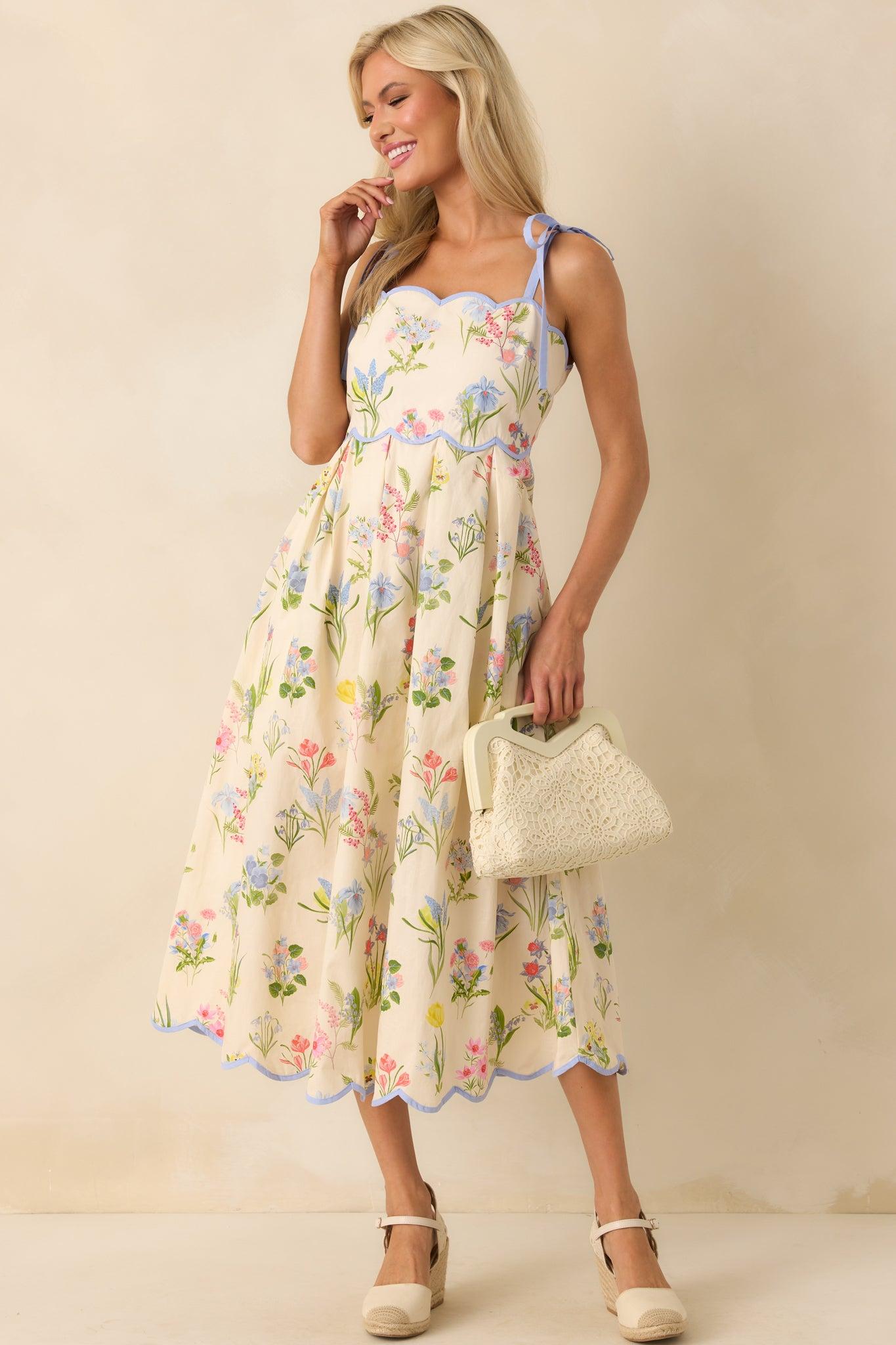 In This Lifetime Ivory Floral Print Cotton Scallop Hem Midi Dress Product Image