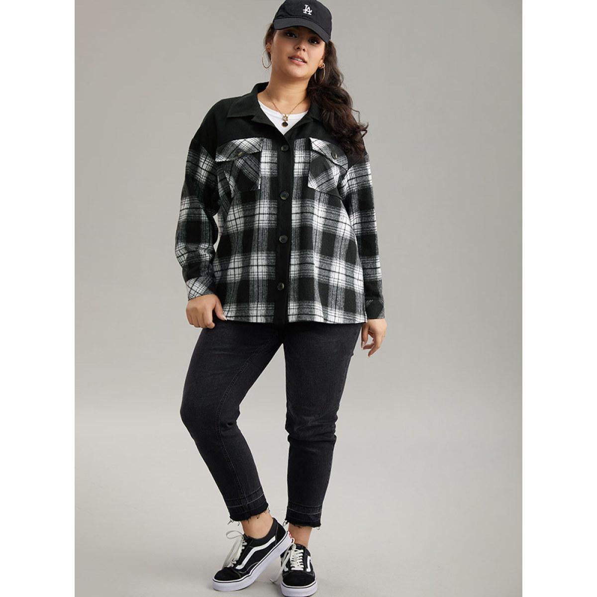 Plus Size Plaid Patchwork Patched Pocket Button Through Shacket Women Black Casual Contrast Ladies Dailywear Winter Coats BloomChic 18-20/2X Product Image