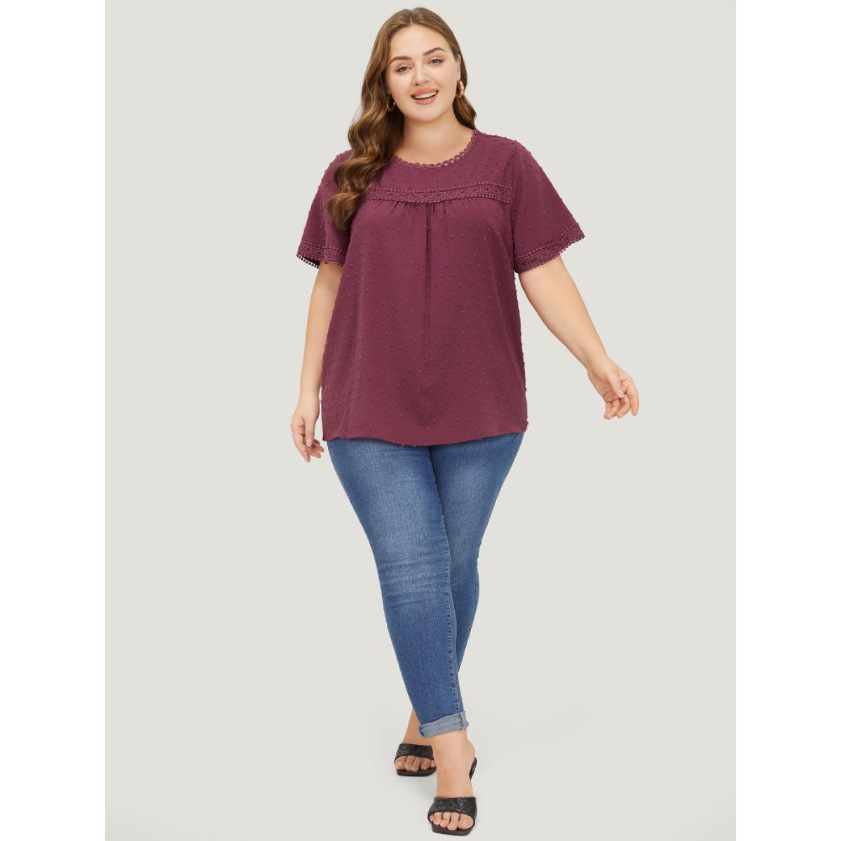 Plus Size RedViolet Polka Dot Gathered Lace Blouse Women Elegant Short sleeve Round Neck Dailywear Blouses BloomChic 10/M Product Image