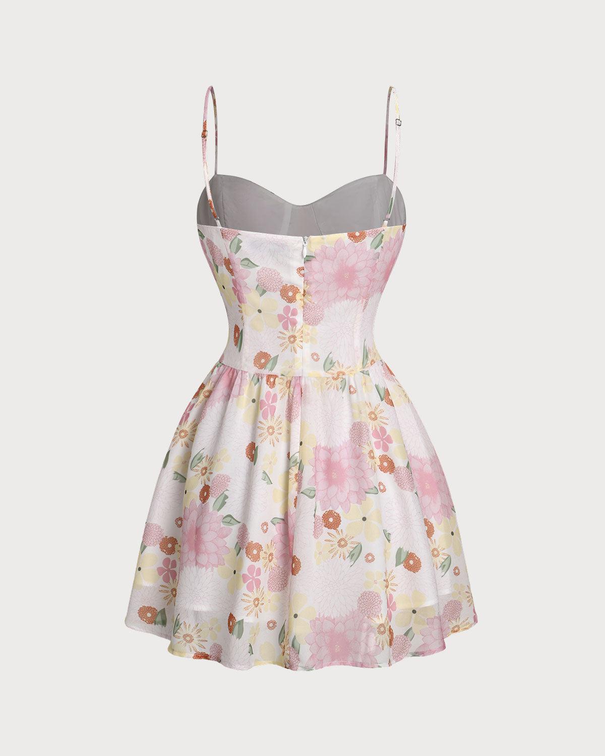 Pink Floral Sweetheart Neck Slip Mini Dress Product Image