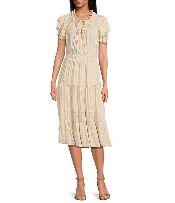 Sam Edelman Split Tie Crew Neck Short Ruffle Sleeve Tiered Midi Dress Product Image
