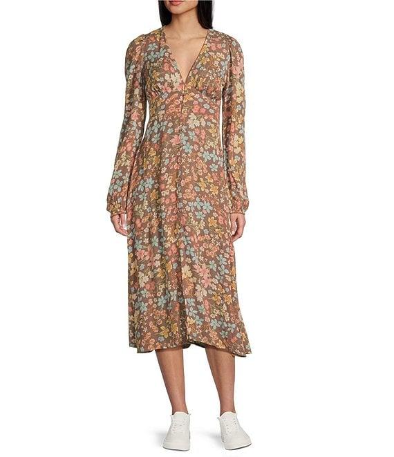 Billabong Cool Nights Floral Printed Long Sleeve Crinkle Midi Dress Product Image