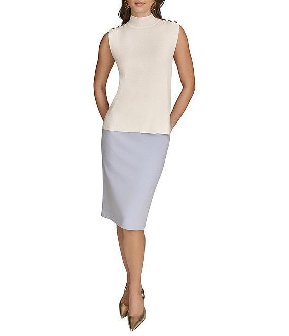 Donna Karan Yarn Knit Button Mock Neck Sleeveless Top Product Image