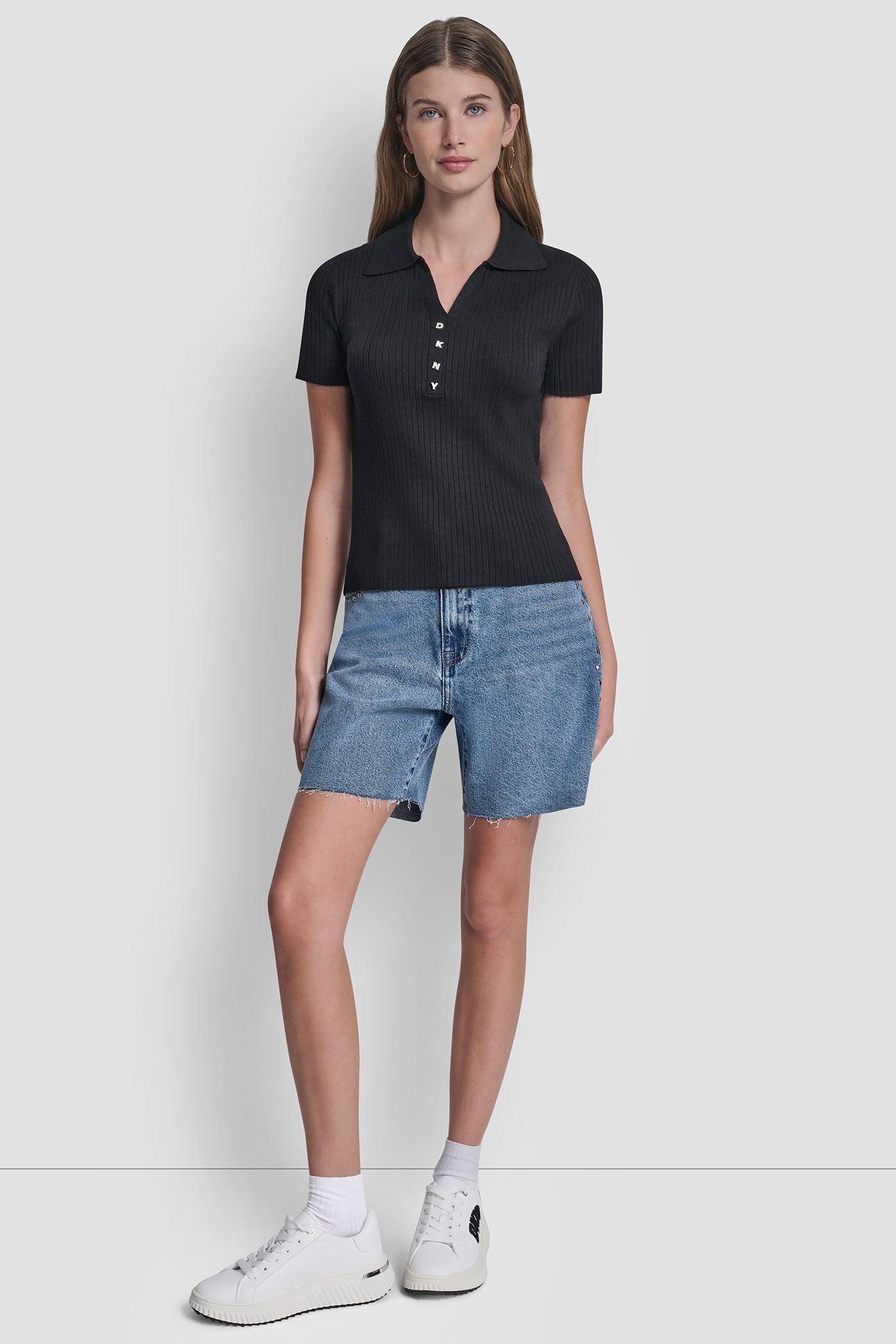 RIBBED POLO WITH RHINESTONE BUTTONS Product Image