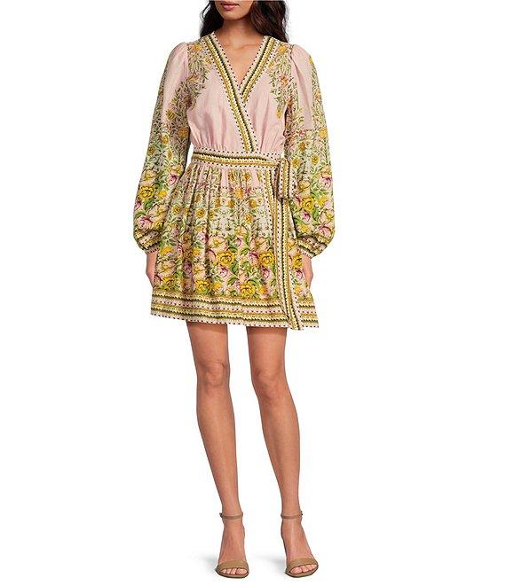 A Loves A Floral Print Surplice V-Neck Long Bubble Sleeve Wrap Above the Knee A-Line Dress Product Image