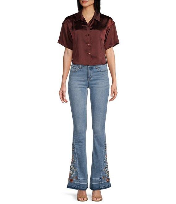 GB Coordinating Satin Short Sleeve Button Front Blouse Product Image