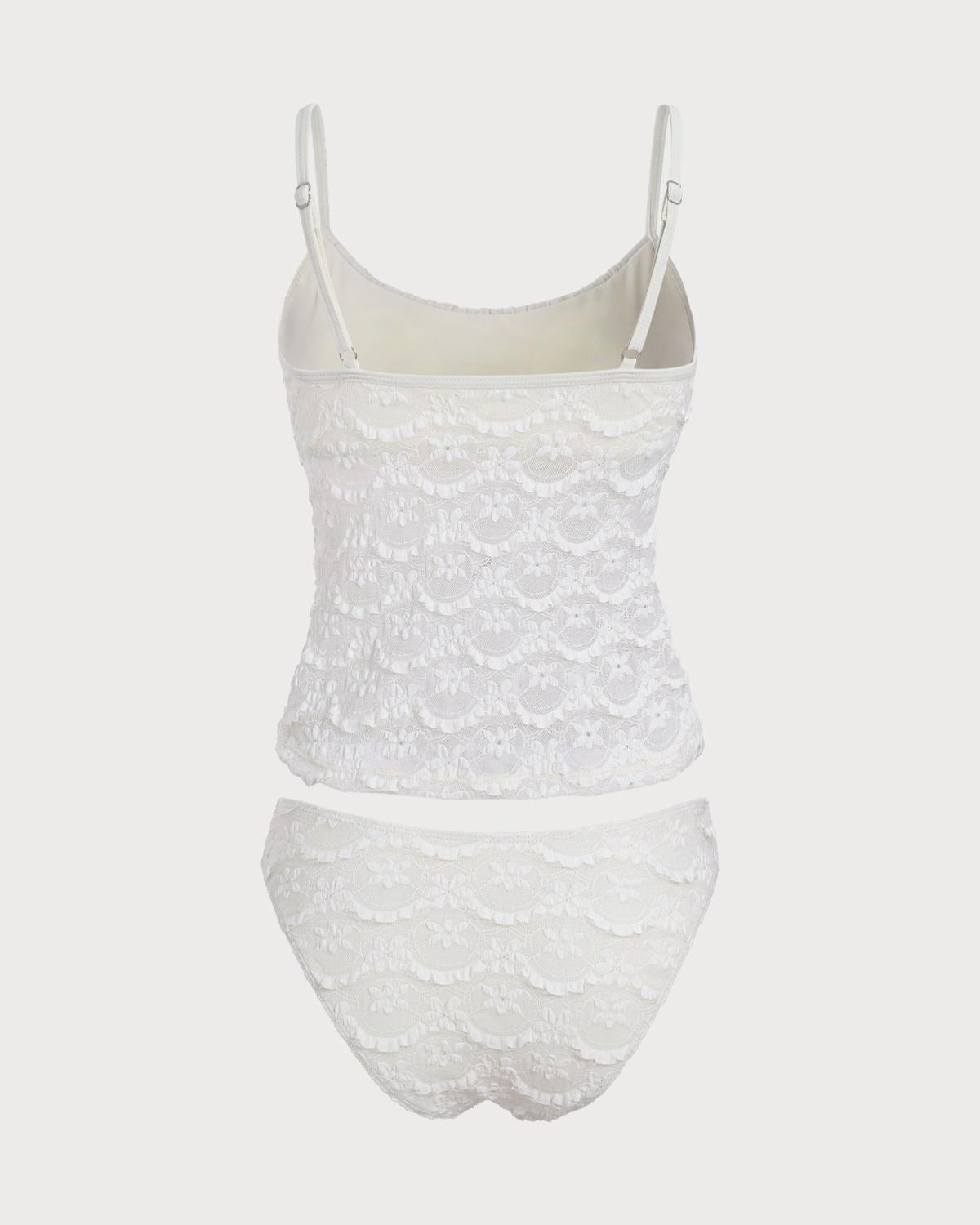 White Ruched Mesh Flower Tankini Swimsuit Product Image