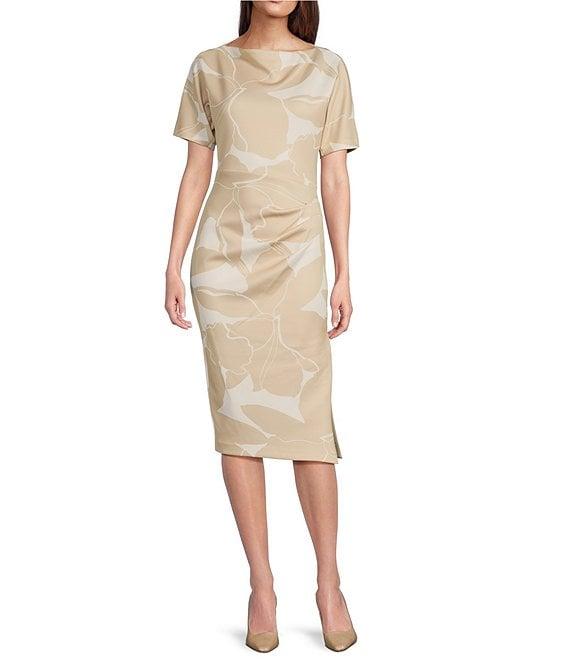 Donna Karan Ruched Short Sleeve Boat Neck Floral Scuba Sheath Dress Product Image