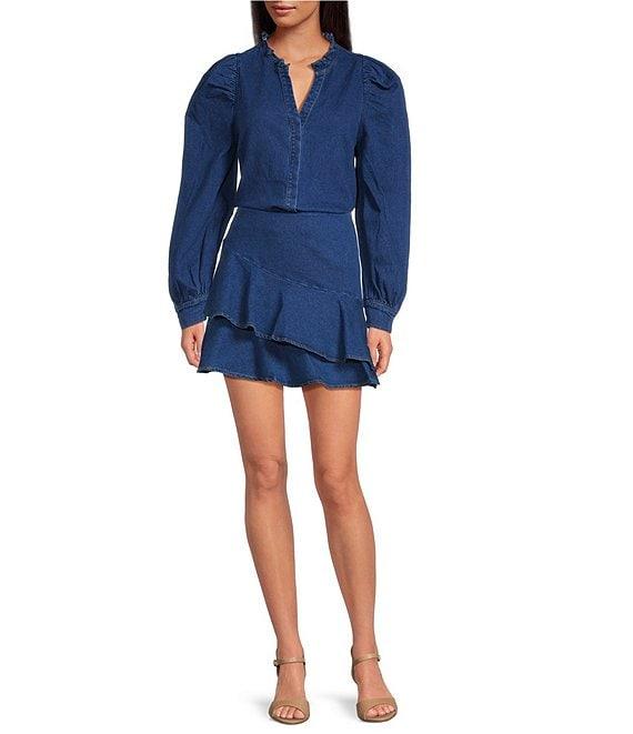 Sugarlips Jamie Stretch Denim Ruffle Split Neck Puff Sleeve Button Front Coordinating Shirt Product Image