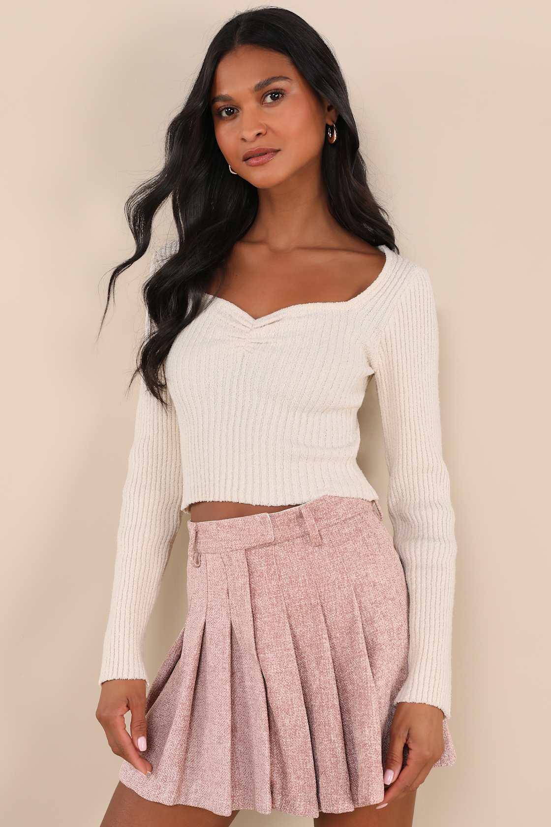 Simply Adoring Pink Tweed Pleated High-Waisted Mini Skort Product Image