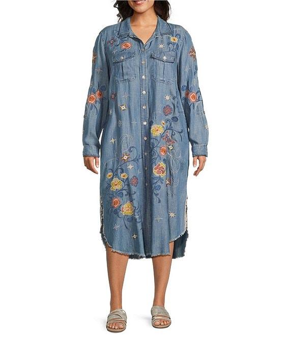 John Mark Plus Size Floral Embroidered Long Roll-Tab Sleeve Button Front Shirt Dress Product Image