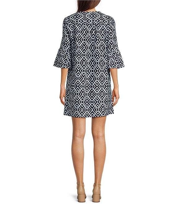 Jude Connally Kerry Garden Lattice Print Split V-Neck 3/4 Bell Sleeve Knit Shift Dress Product Image