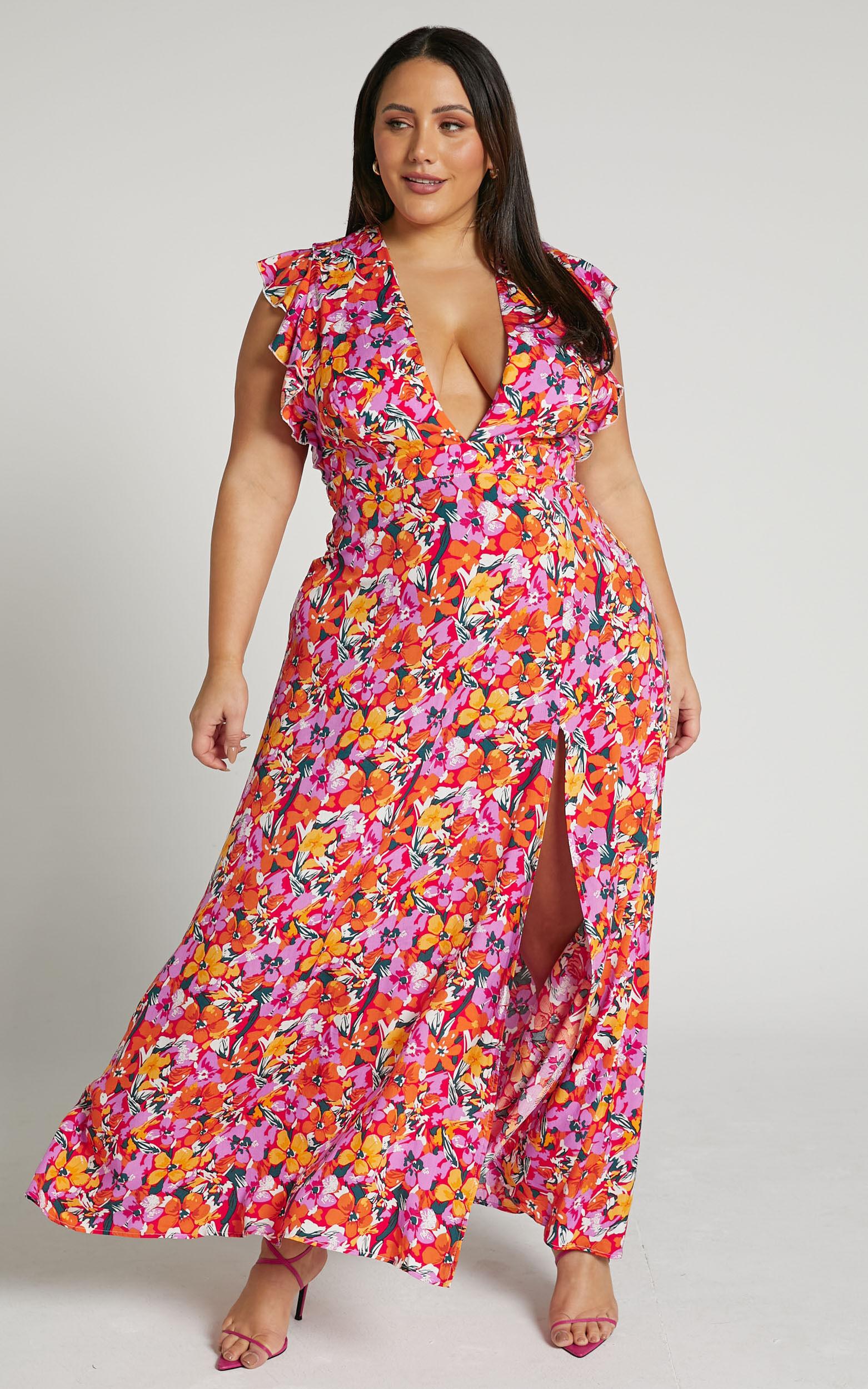 Dyliah Maxi Dress - Thigh Split Frill Shoulder Plunge Neck Dress in Spring Floral Product Image