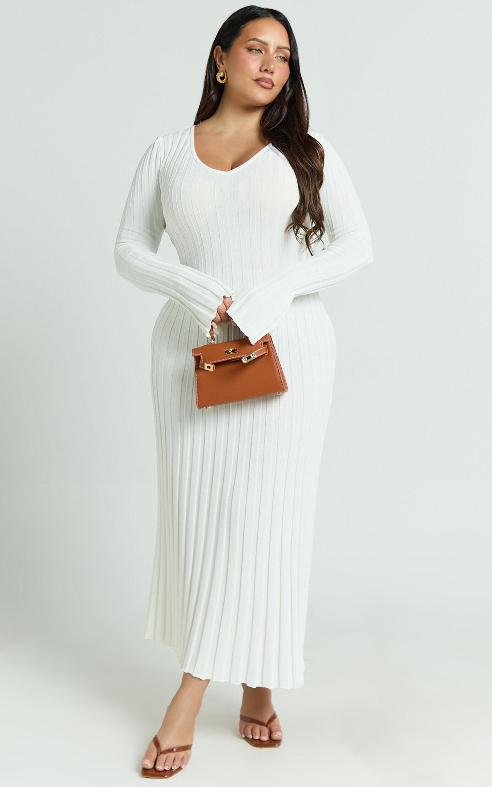 Astra Maxi Dress - V Neck Long Sleeve Knit Dress in White Product Image
