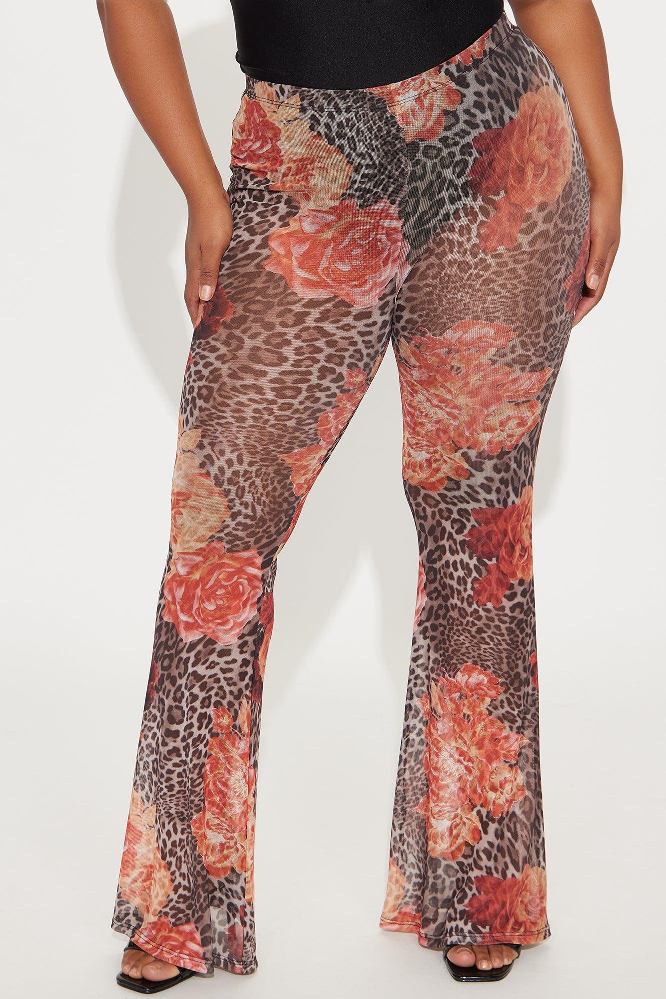 Later Tonight Floral Leopard Print Mesh Flare Pant - Brown/combo Product Image