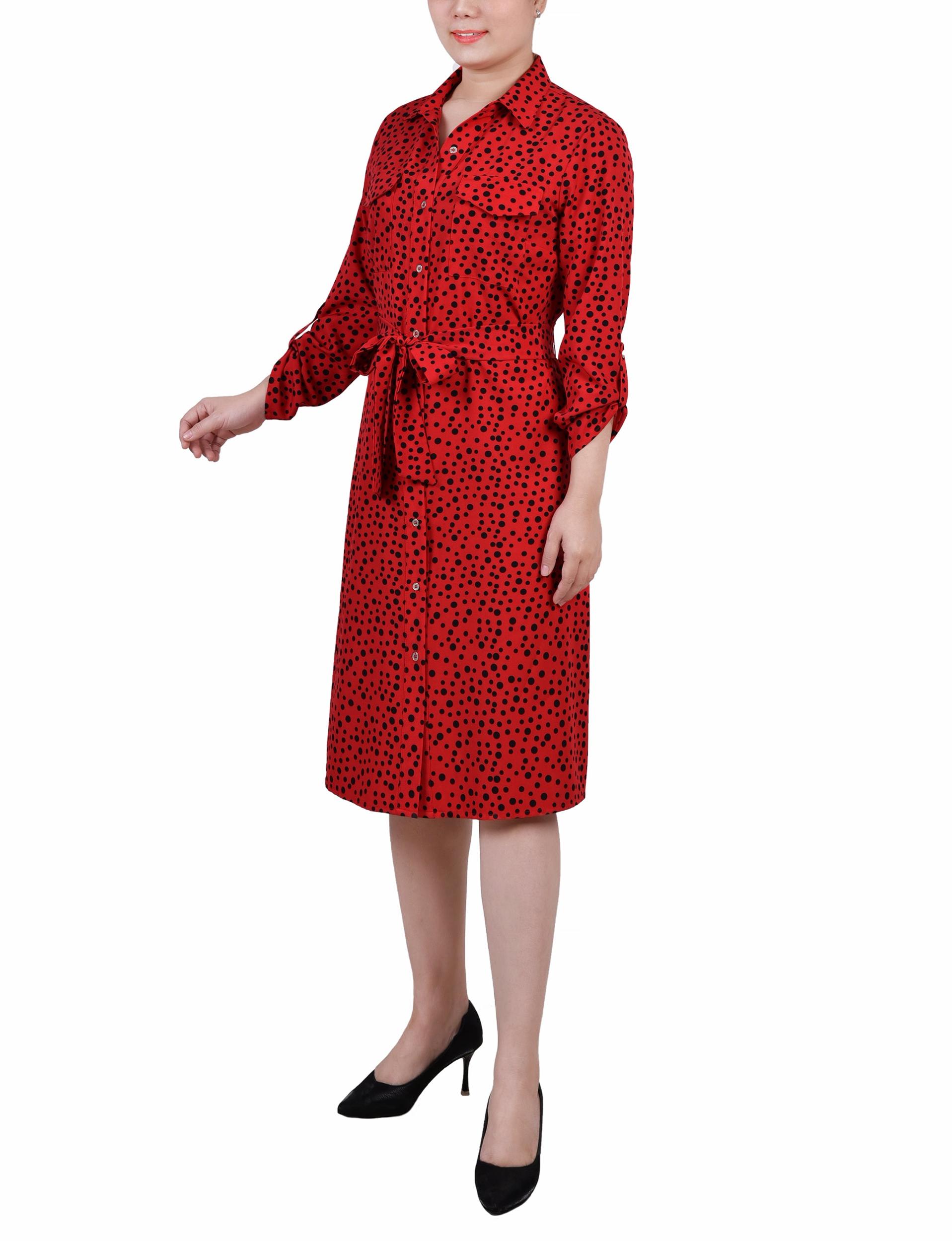 Cypress Inca Gold Navy Zigzag 3/4 Roll Tab Sleeve Belted Shirtdress - Petite Product Image