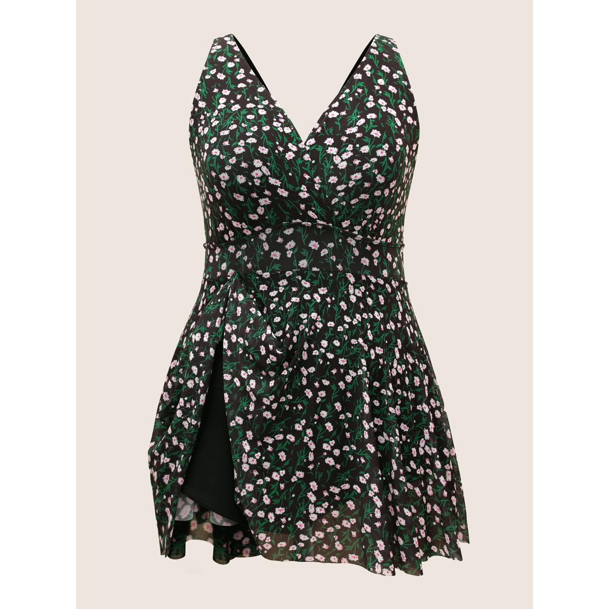 Plus Size Ditsy Floral See Through Gathered Swim Dress Women's Swimwear Black Beach Bodycon Overlap Collar High stretch Curve Swim Dresses BloomChic 10/M Product Image