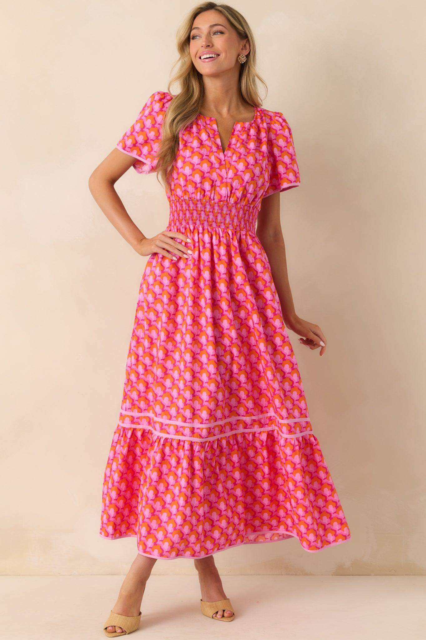 Doing Just Fine Pink Abstract Print Cotton Short Sleeve Maxi Dress Product Image