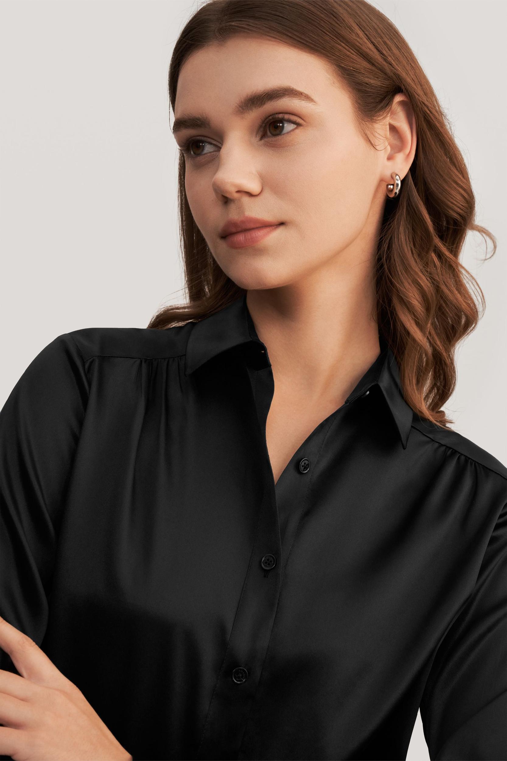 Long Sleeves Collared Silk Blouse Product Image