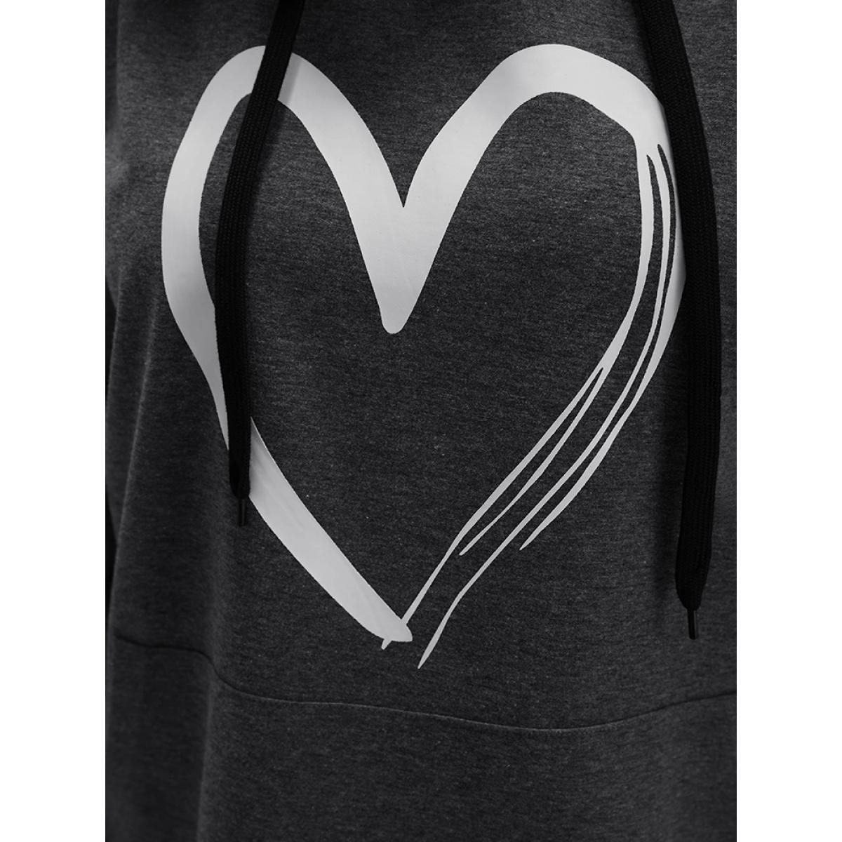 Plus Size Heart Print Drop Shoulder Pocket Drawstring Hooded Sweatshirt Women DarkGray Casual Plain Hooded Dailywear Sweatshirts BloomChic 18-20/2X Product Image