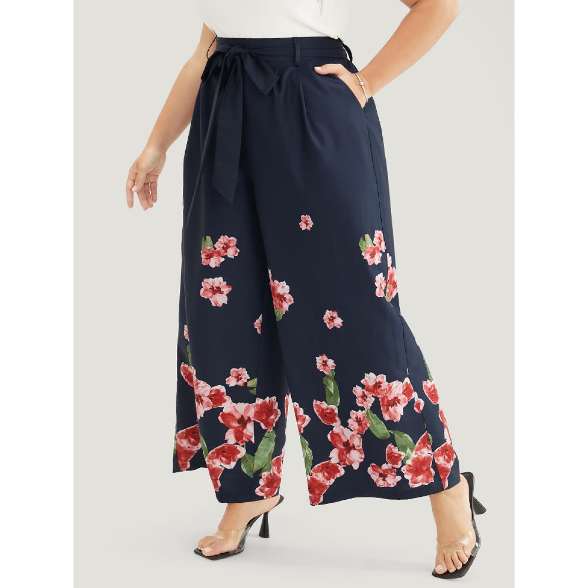 Plus Size Floral Wide Leg Pocket Pleated Detail Belt Pants Women Midnight Elegant Mid Rise Dailywear Pants BloomChic 14-16/1X Product Image