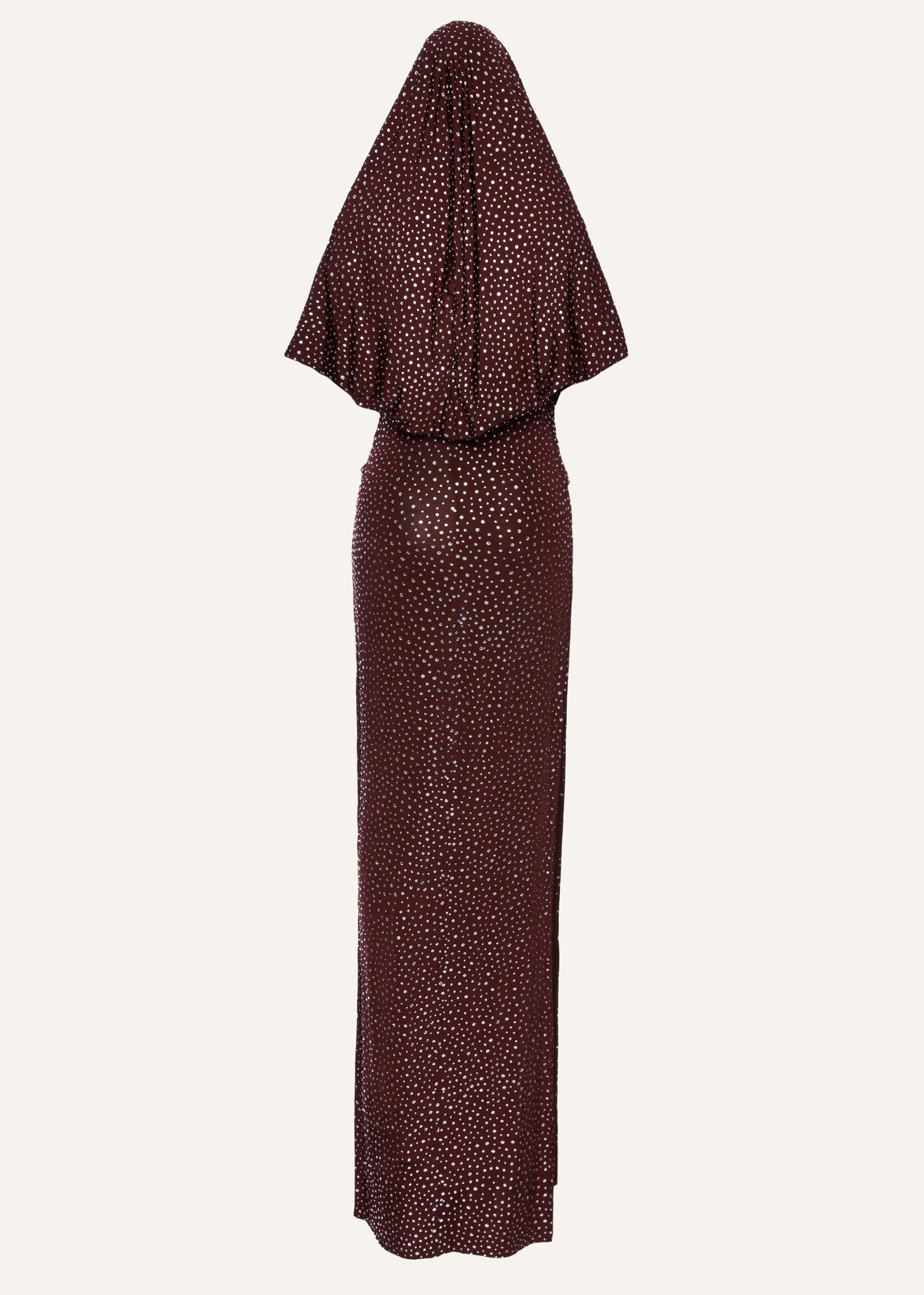 Hooded plunge maxi dress in bordeaux crystals Product Image
