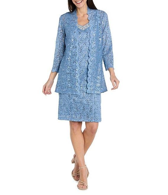 R & M Richards 2-Piece Scalloped Glitter Lace Beaded V-Neck Jacket Dress Product Image